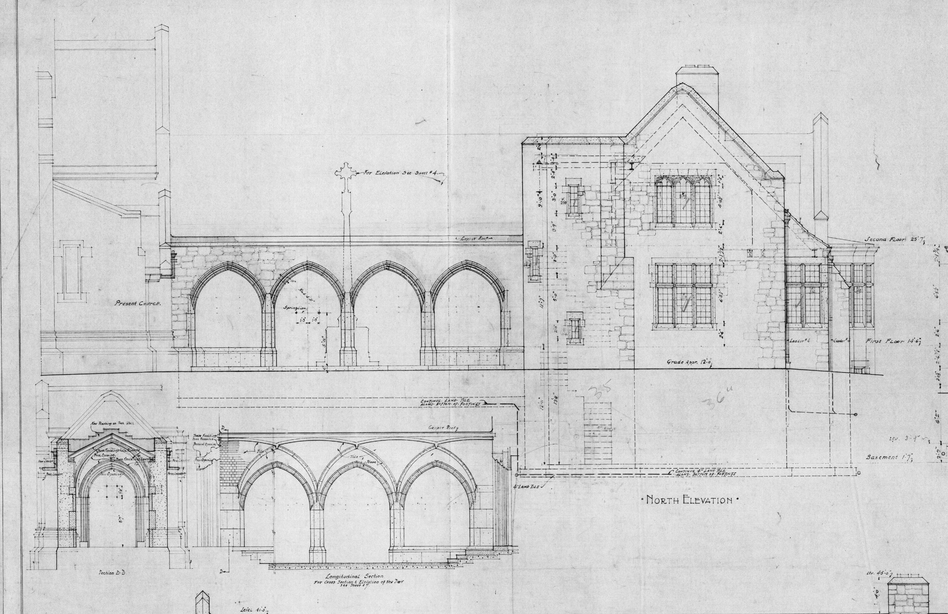 Architectural sketch of a building with arches, windows, and a tower.