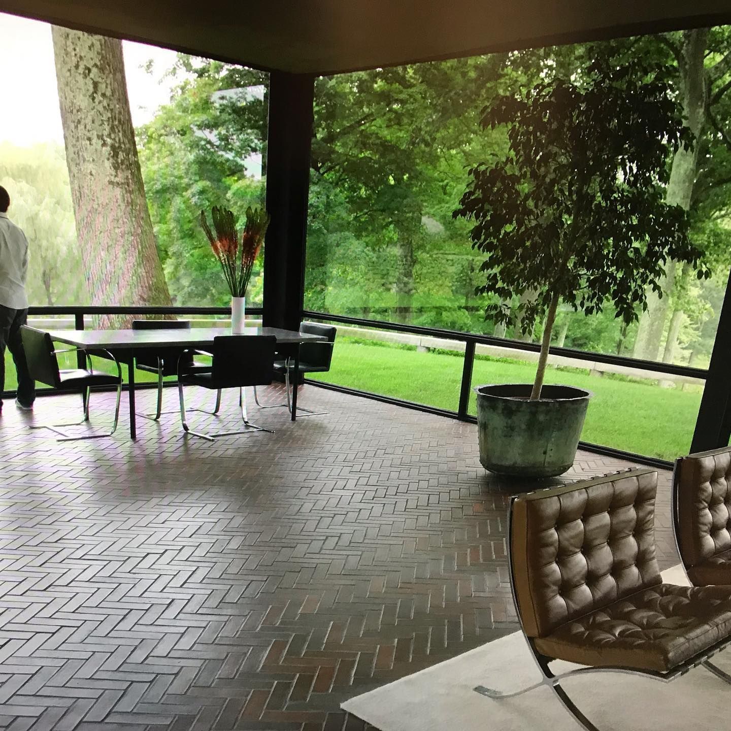 Covered patio with dining table, chairs, and potted tree; person near railing, lush green landscape.