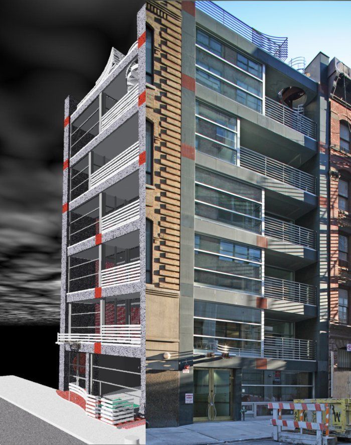 Modern building exterior with balconies, glass windows, and brick accents.