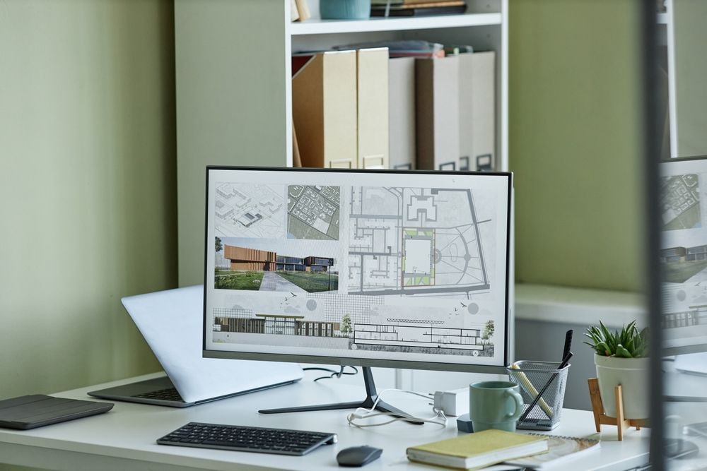 Computer monitor displaying architectural plans on a white desk; laptop, mug, and office supplies.