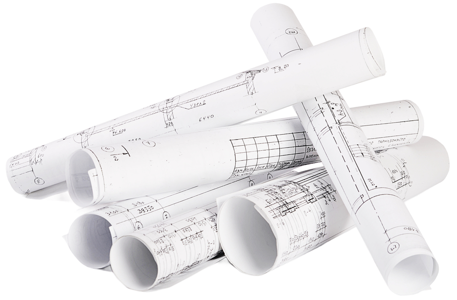 Rolled up architectural blueprints.