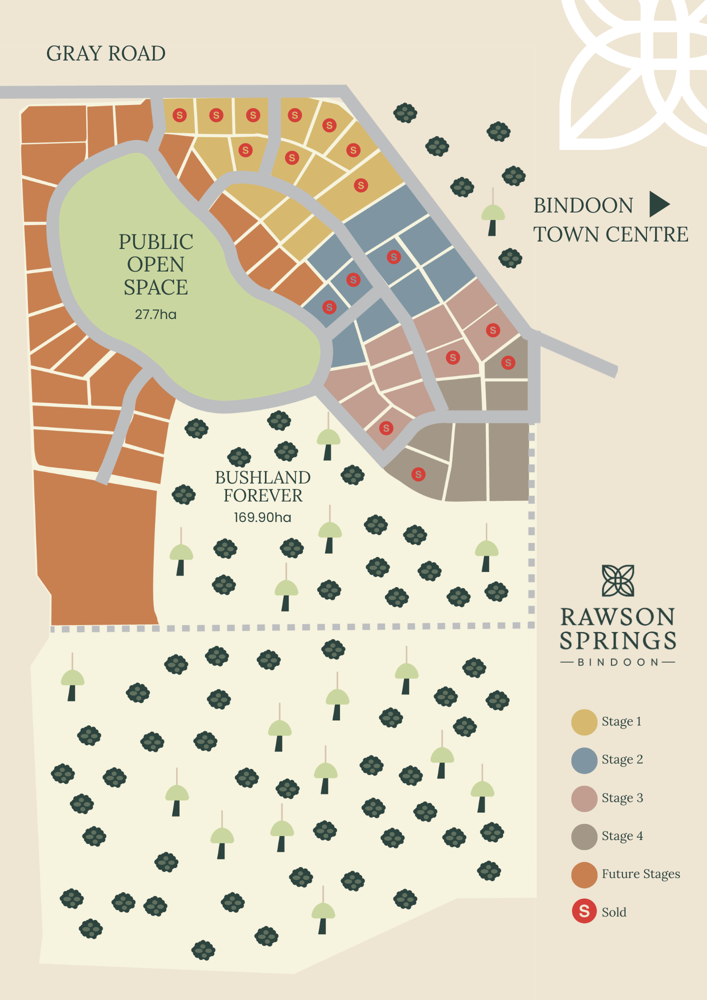 Rawson Springs estate map with lot layout. Blue/brown lots surround a green park and a main road.