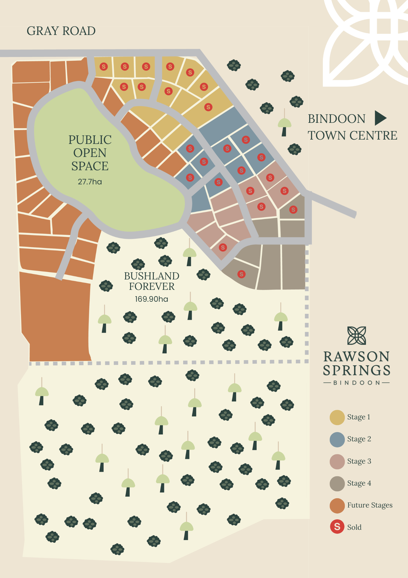 Rawson Springs estate map with lot layout. Blue/brown lots surround a green park and a main road.