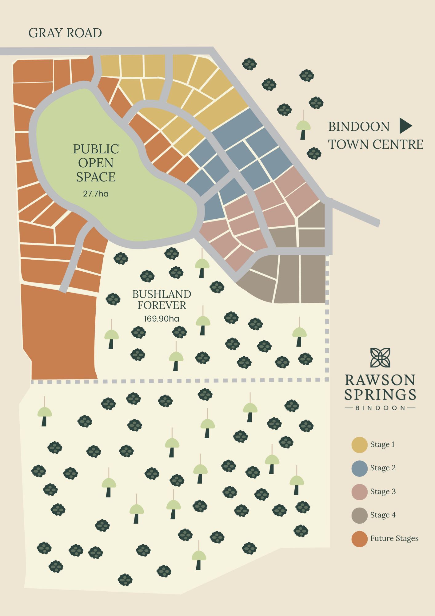 Rawson Springs estate map with lot layout. Blue/brown lots surround a green park and a main road.