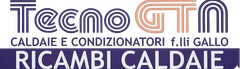 Logo “Tecno” con testo “Caldaie e condizionatori f.lli Gallo” e “Ricambi caldaie” in viola e arancione.
