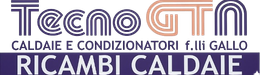 Logo &ldquo;Tecno&rdquo; con testo &ldquo;Caldaie e condizionatori f.lli Gallo&rdquo; e &ldquo;Ricambi caldaie&rdquo; in viola e arancione.