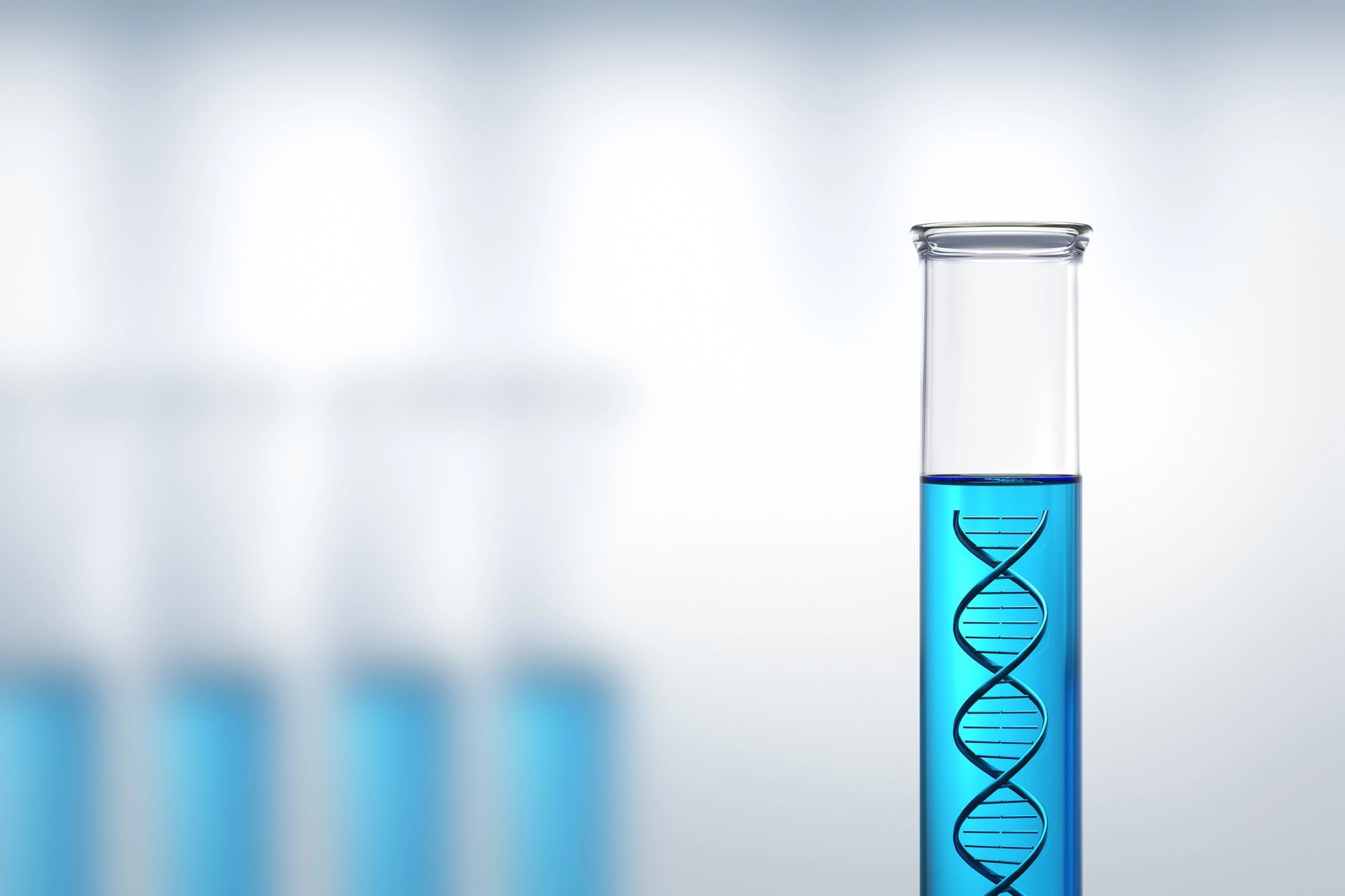 Provetta con liquido blu e illustrazione dell'elica del DNA.