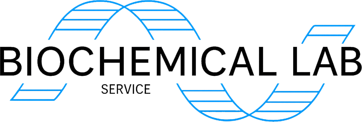 Logo per il servizio di laboratorio biochimico. Il testo è nero, con un disegno a doppia elica blu.