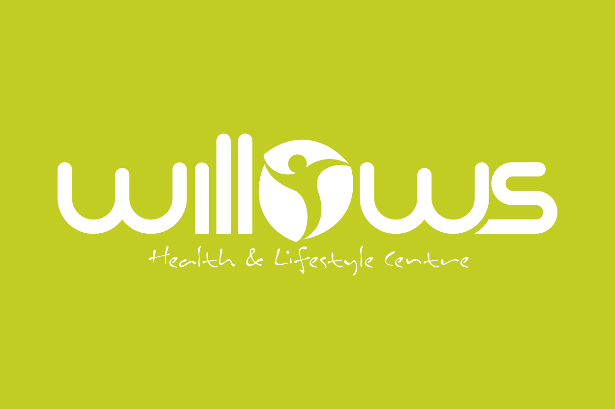 Willows Health and Lifestyle Centre Logo reversed on green background