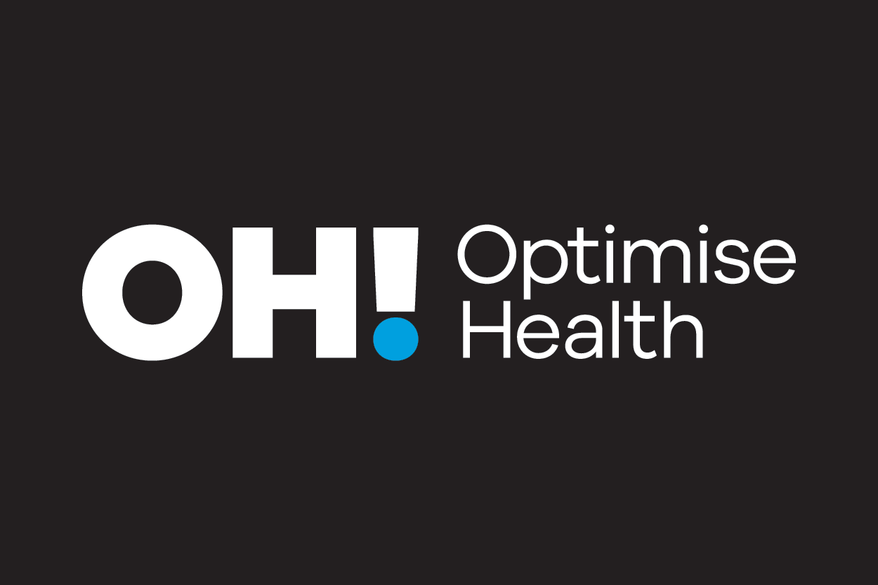 OH! Optimise Health Logo reversed on black background