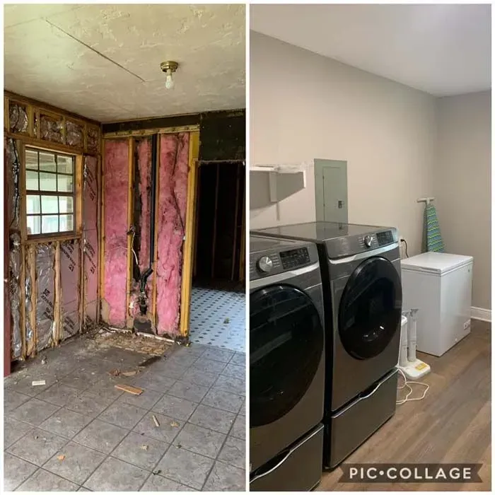 Before and after of a laundry room renovation: gutted space with exposed insulation to clean, modern room with appliances.