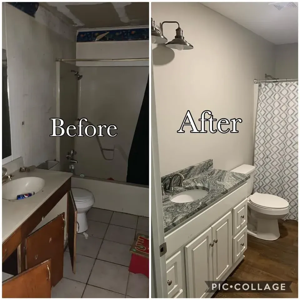 Bathroom renovation before and after: old, rundown bathroom vs. a renovated, white-cabinet bathroom 