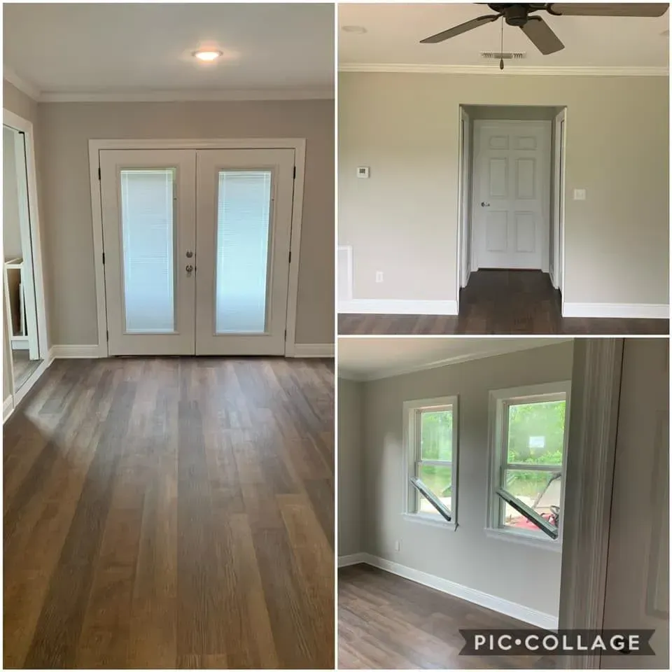 Three interior shots with dark wood floors, white doors/trim, and light gray walls.