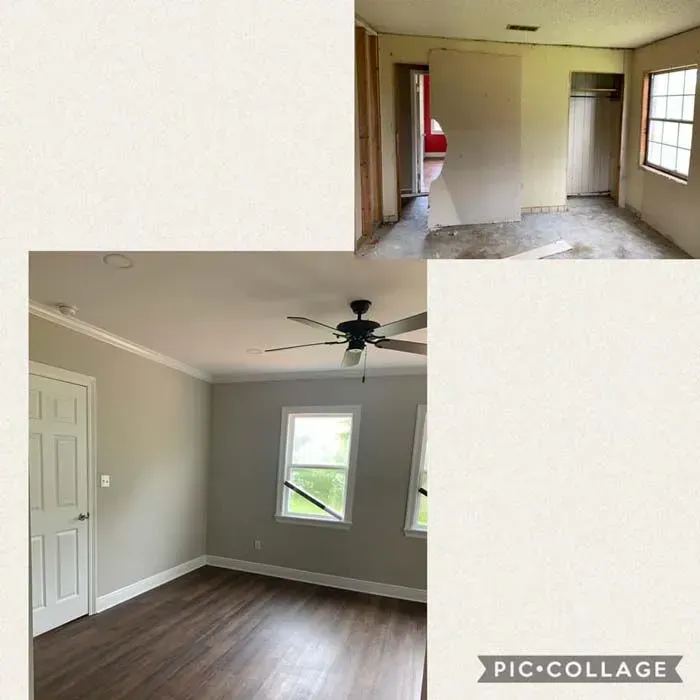 Renovated bedroom comparison: Before shows unfinished walls, after reveals gray walls, wood floors, and a ceiling fan.