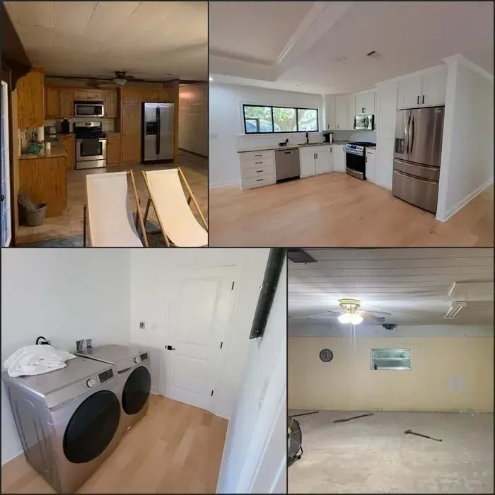 Before and after renovation photos: kitchen with oak to white cabinets, laundry, and basement.
