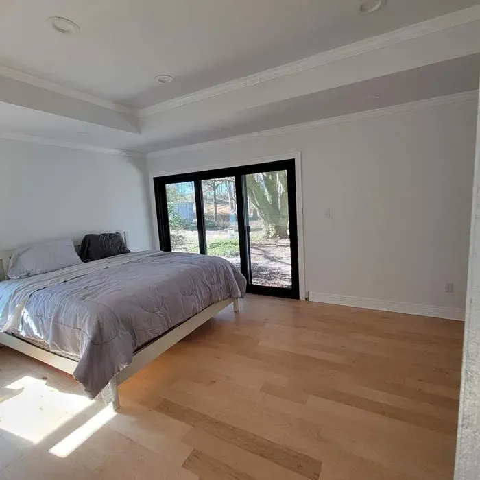 Bedroom with bed, sliding glass door, wood floor, and white walls.