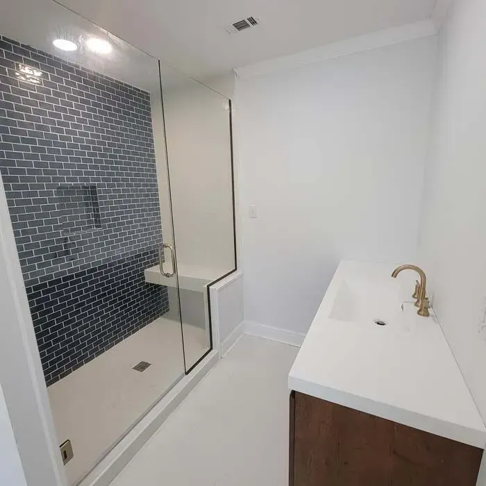 Bathroom with a walk-in shower, dark blue tiled wall, white sink counter, and wooden cabinet.