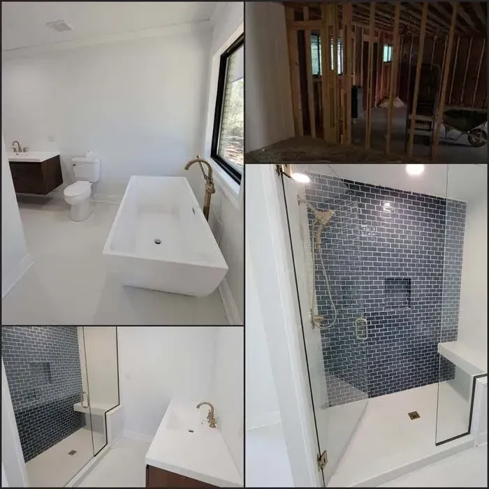 Collage of bathroom renovation: finished room, framing, shower with blue tile, and sink.