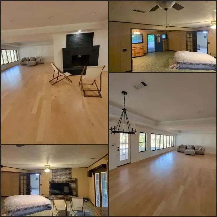 Collage of rooms with light wood floors, white walls, fireplaces, and seating areas.