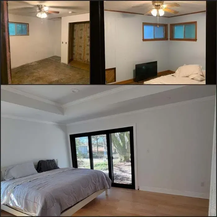 Before and after of a bedroom renovation. Shows a basement space becoming a light-filled bedroom with patio doors.