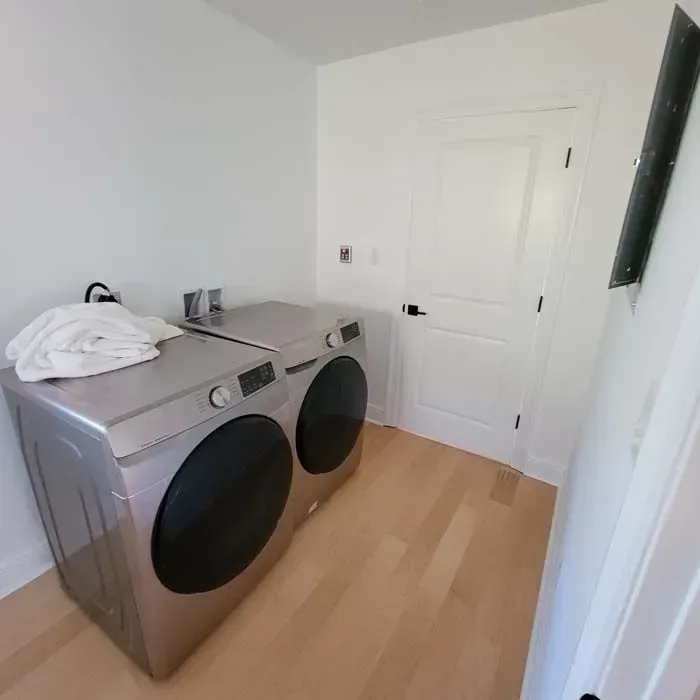 Washing machine and dryer in a white laundry room with a closed door and hardwood floor.
