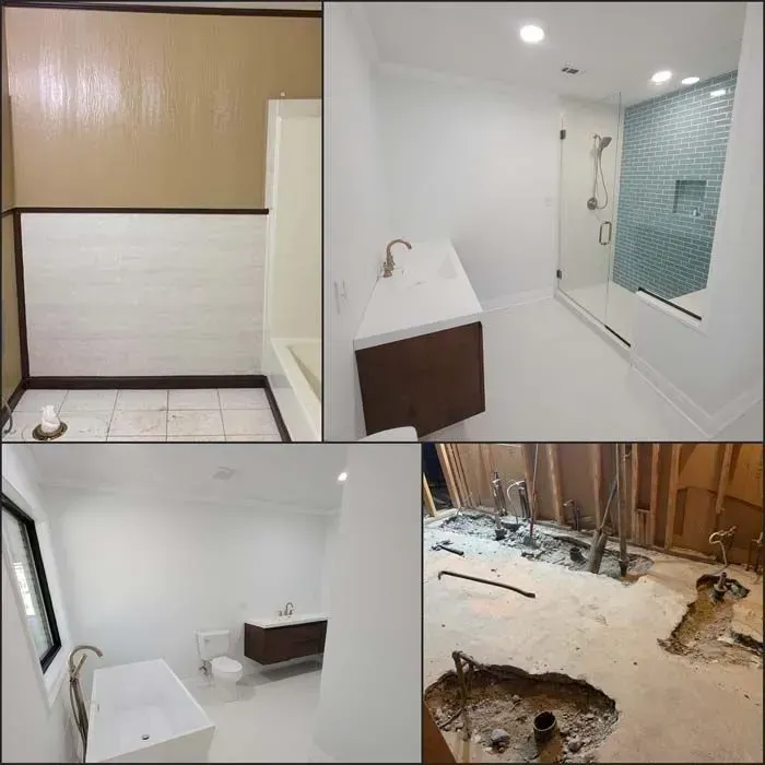 Bathroom renovation sequence: from demolition to finished spaces, including shower and vanity areas.