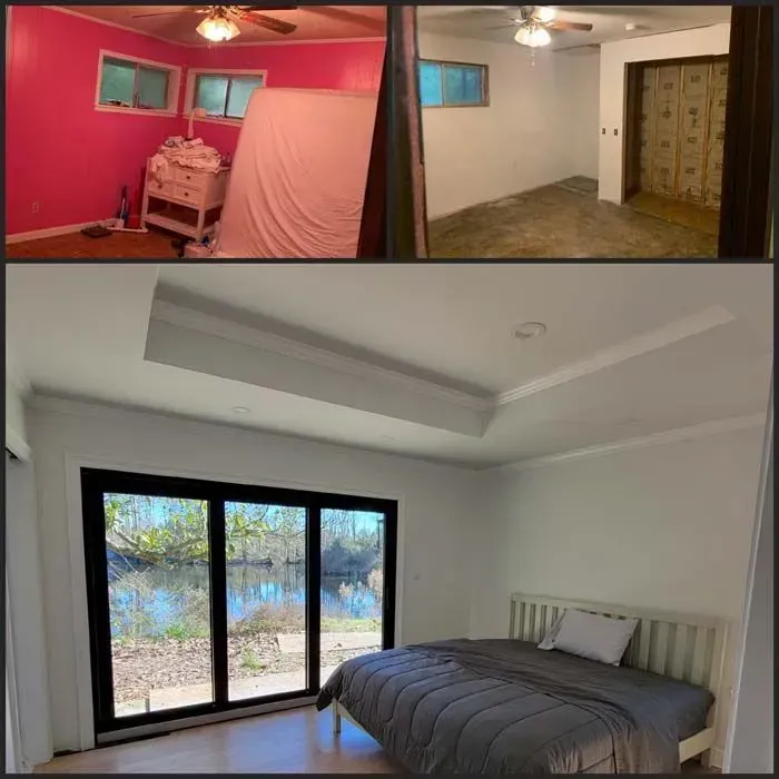 Room renovation: From pink walls and a mattress to a modern bedroom with a water view.