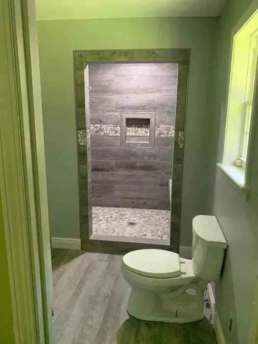 Bathroom with a toilet and a shower. Grey walls, wooden floors, and a window with natural light.