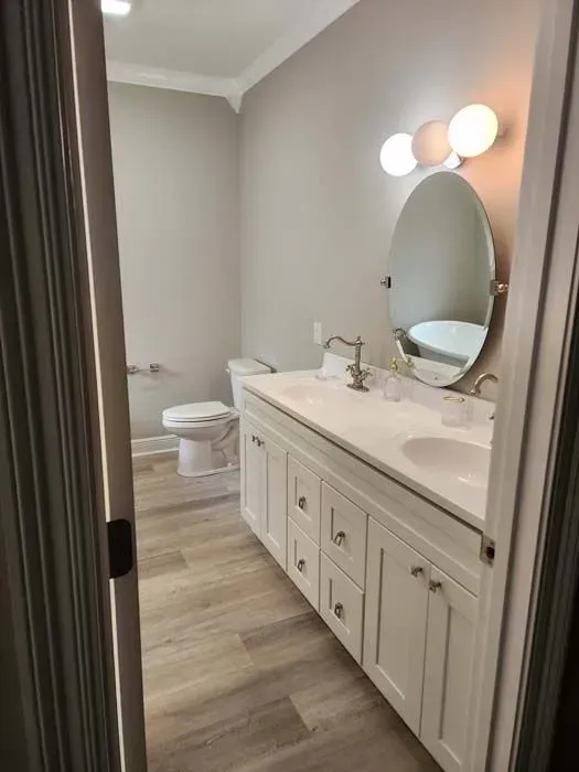 Bathroom with white vanity, oval mirror, light fixtures, and toilet. Light gray walls and wood-look flooring.