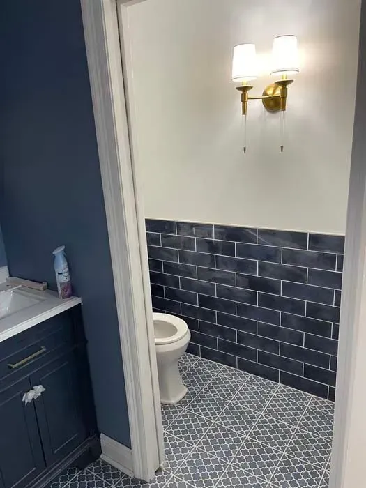 Bathroom interior: navy blue tiled walls, patterned floor, white toilet, gold sconce, navy cabinet.