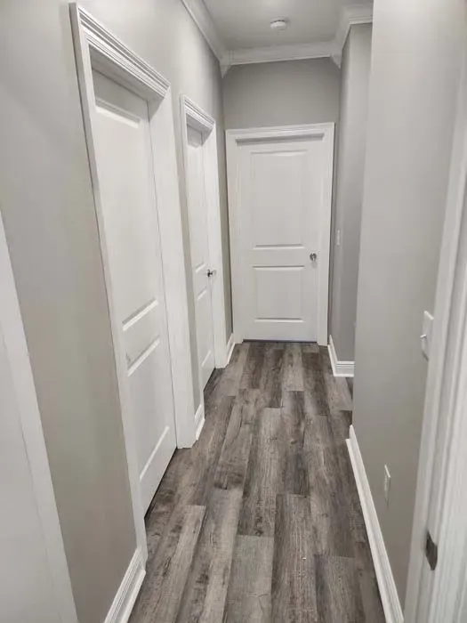 A narrow hallway with grey walls, white doors and trim, and wood-look flooring.