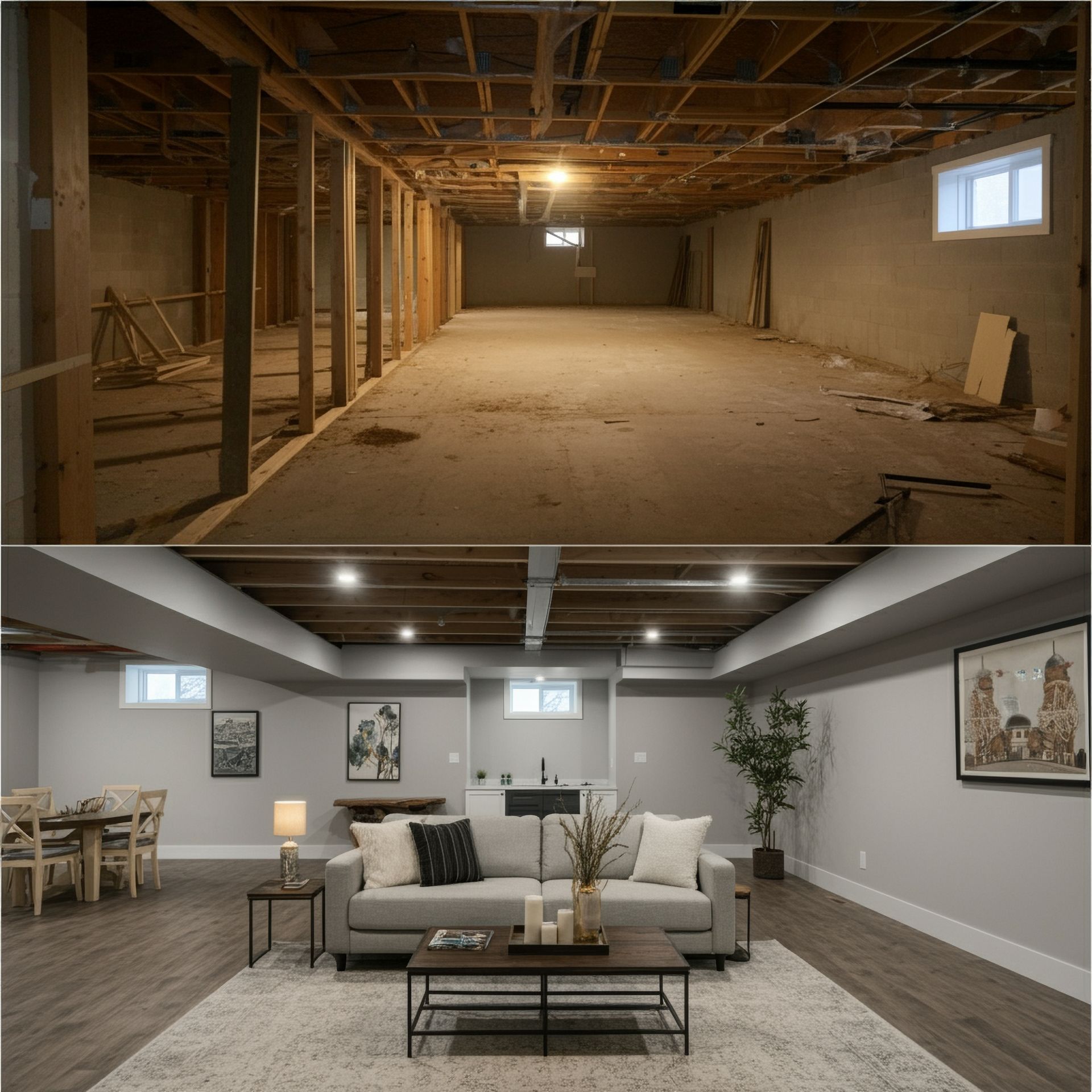 Basement renovation: Before and after. Unfinished space transforms to finished living room and dining area with gray tones.