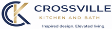 Logo for Crossville Kitchen and Bath with a gold and navy blue CK monogram and the slogan, inspired design.