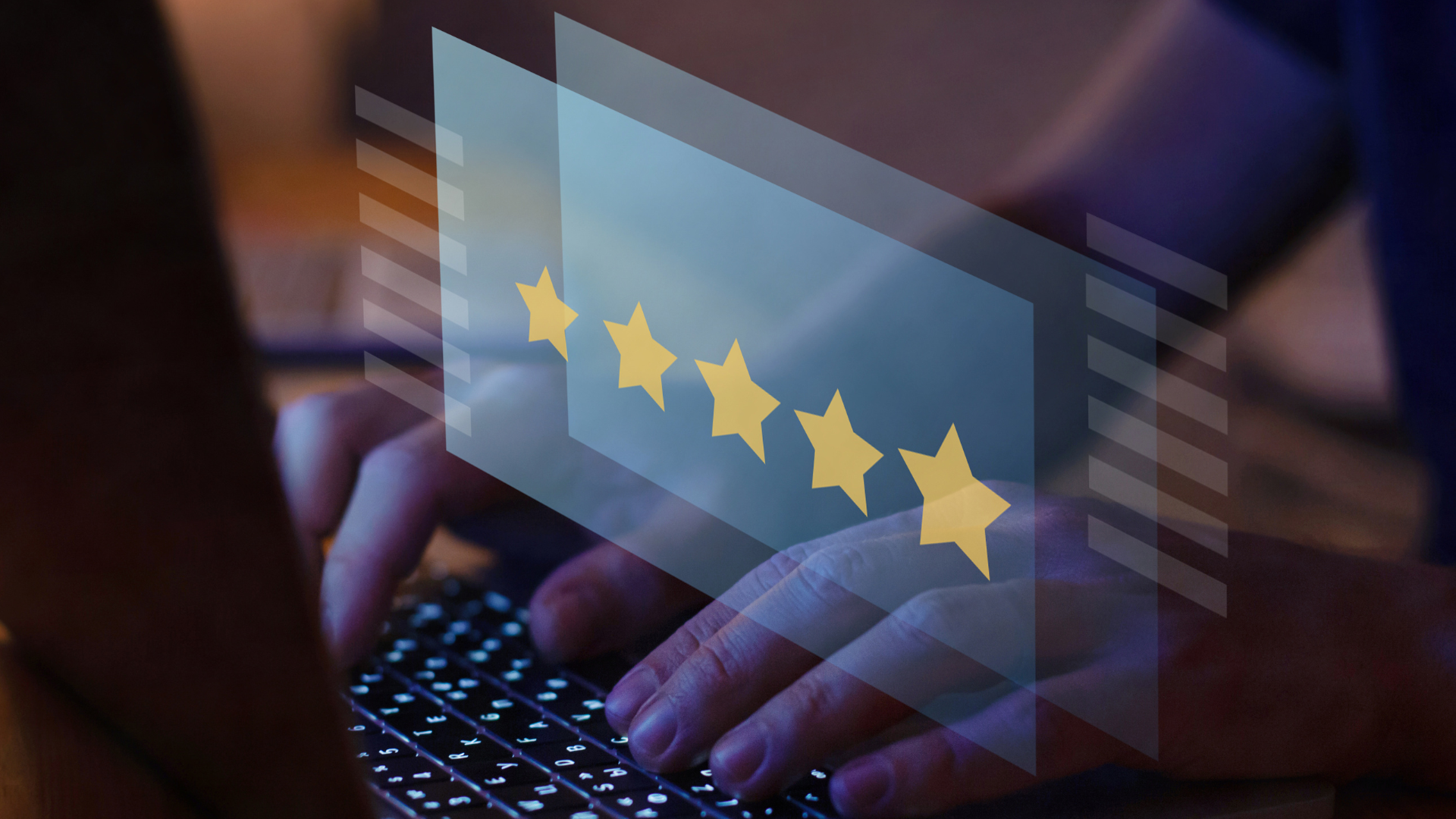 Hands typing on a laptop with a translucent five-star rating overlay, representing customer feedback or digital review.