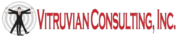 Logo of Vitruvian Consulting, Inc. features a figure with arms and legs outstretched inside a circular design. Red text on white.