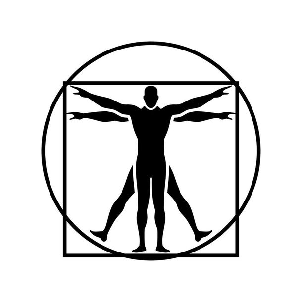 Vitruvian Man figure inside a square and circle.