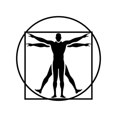 Human figure in a square and circle, arms and legs outstretched, Vitruvian Man design.