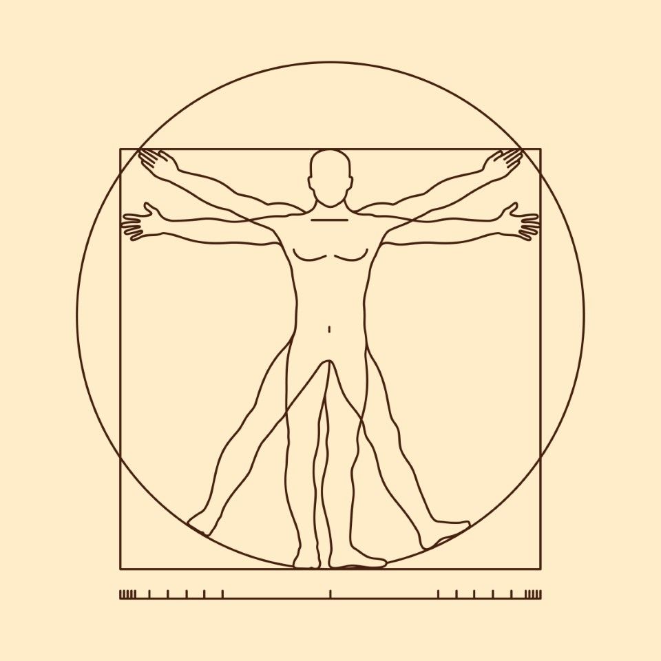 Vitruvian Man drawing, human figure in circle and square, arms and legs outstretched.