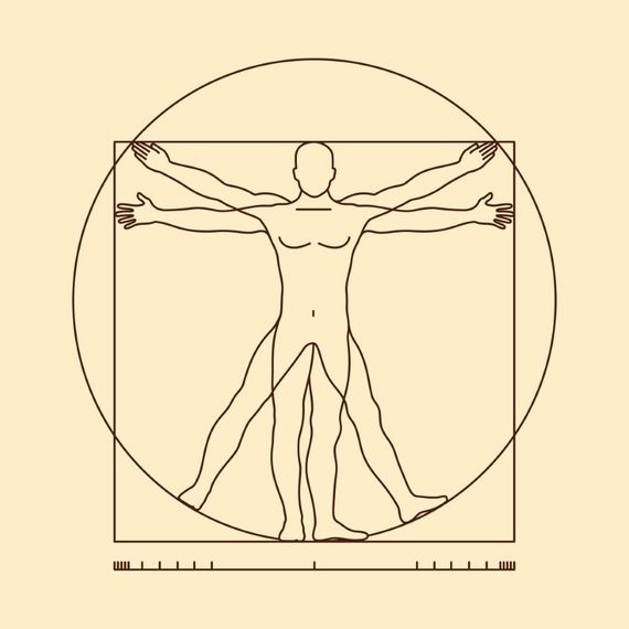 Vitruvian Man drawing, human figure in circle and square, arms and legs outstretched.