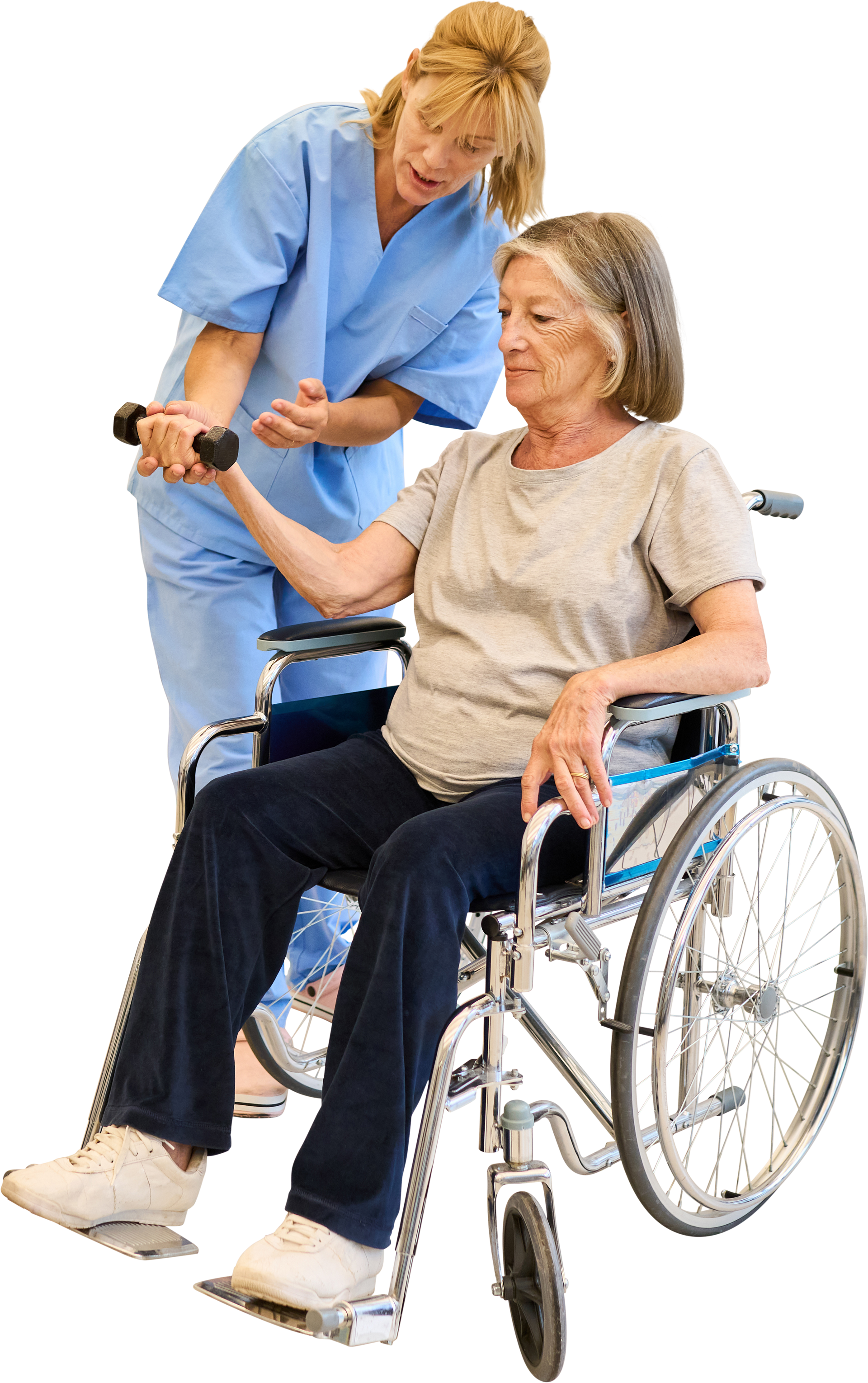 Woman in wheelchair exercises with weights, assisted by a healthcare worker.