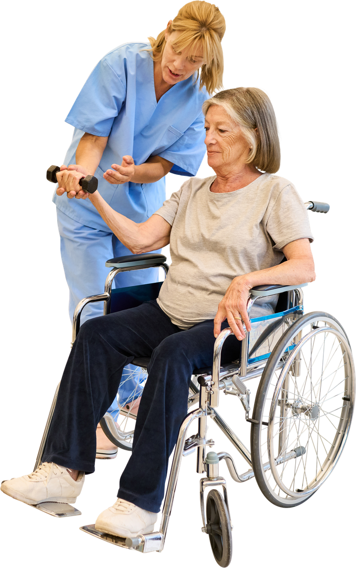 Woman in wheelchair exercises with weights, assisted by a healthcare worker.