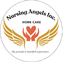 Nursing Angels Inc. Home Care Nursing Angels Inc. logo: hands holding heart with wings; text