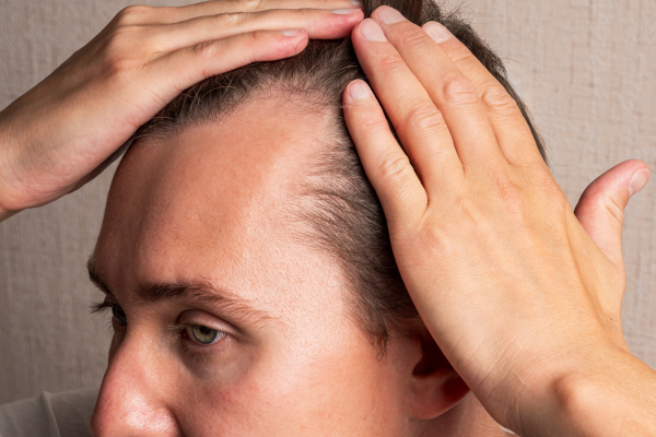 A man is looking at his hair with his hands.