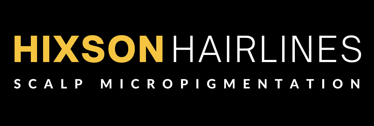 A logo for hixson hairlines with a man and an arrow