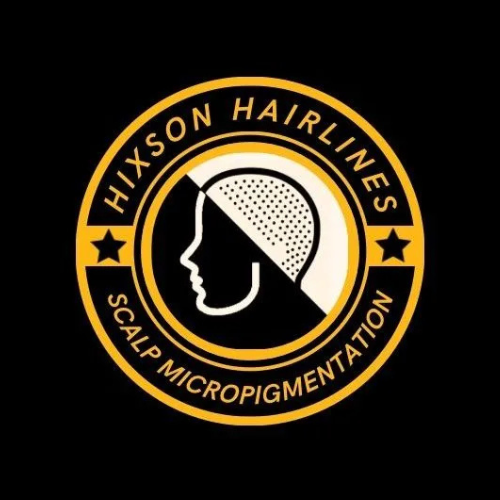 A logo for a company called hixson hairlines with a man and an arrow.