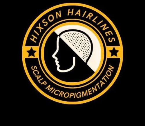 A logo for a company called hixson hairlines with a man and an arrow.