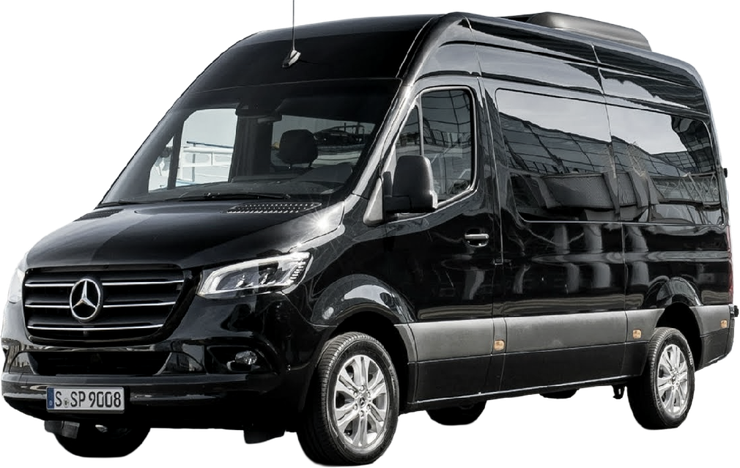 A black mercedes sprinter van with the door open on a white background.
