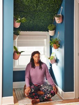 bedroom meditation space faux grass ceiling