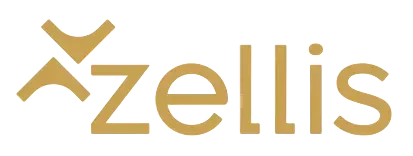 Zellis logo in gold text with stylized abstract emblem above the name