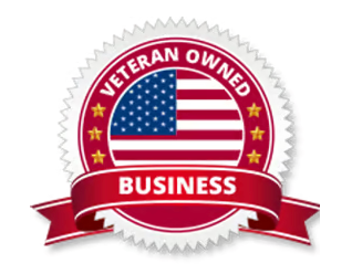 A veteran owned business seal with an american flag